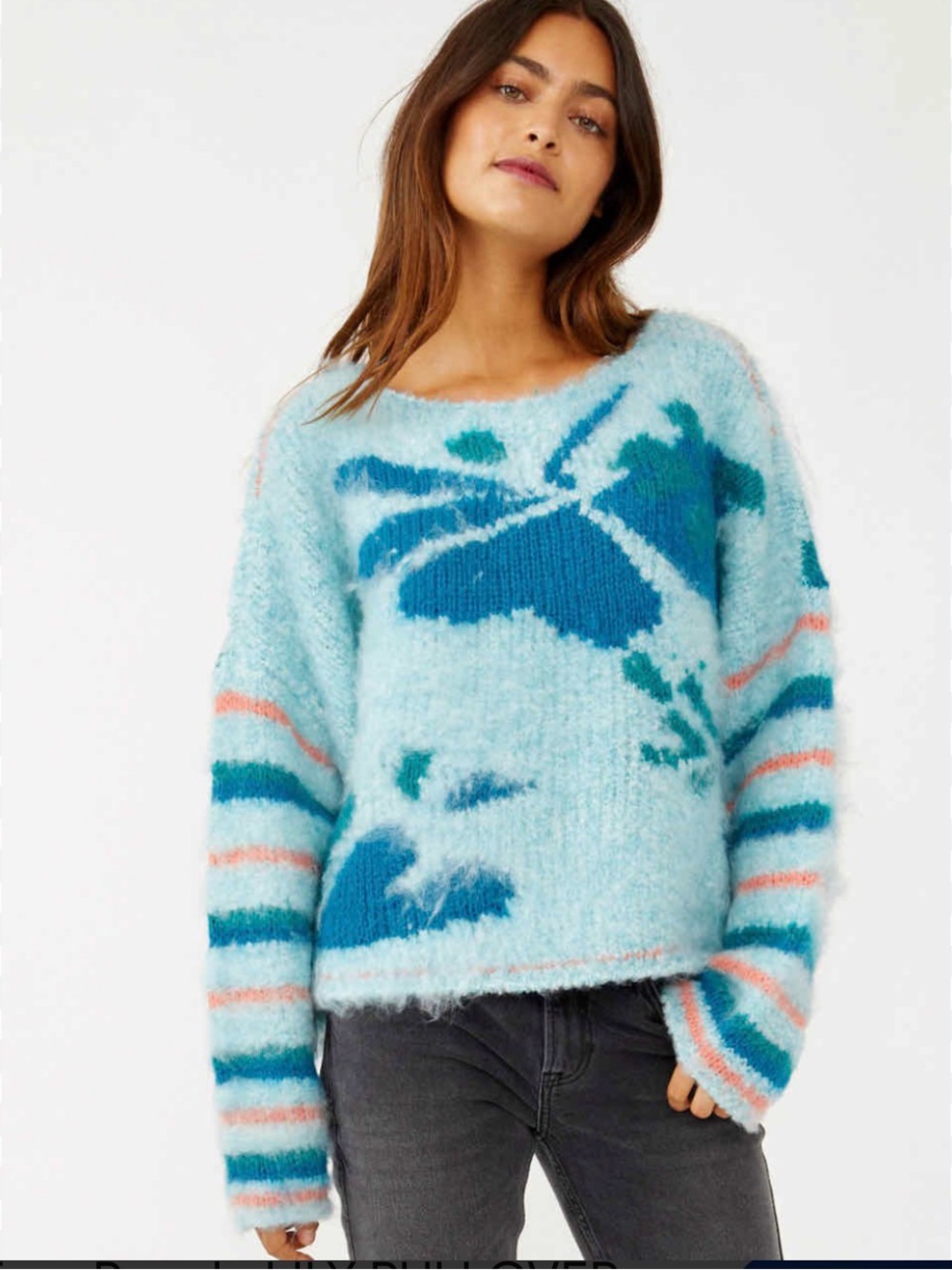 FREE PEOPLE Lily Fuzzy Textured Wool Blend Abstract Floral Pullover Sweater SZ M